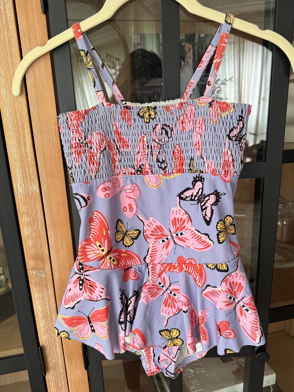 Hanna Andersson smocked one piece butterfly swimsuit print ruffle skirt lavender